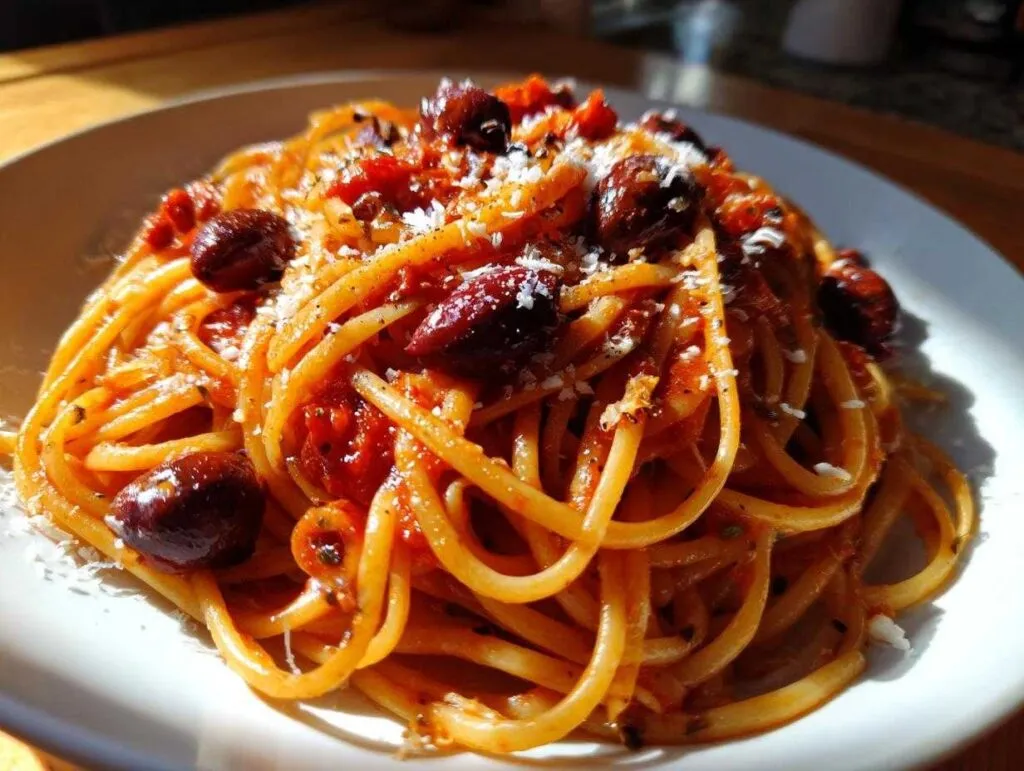 A close-up of a plate of one pan spicy pasta, featuring bucatini noodles coated in a rich tomato sauce with whole olives and grated cheese.