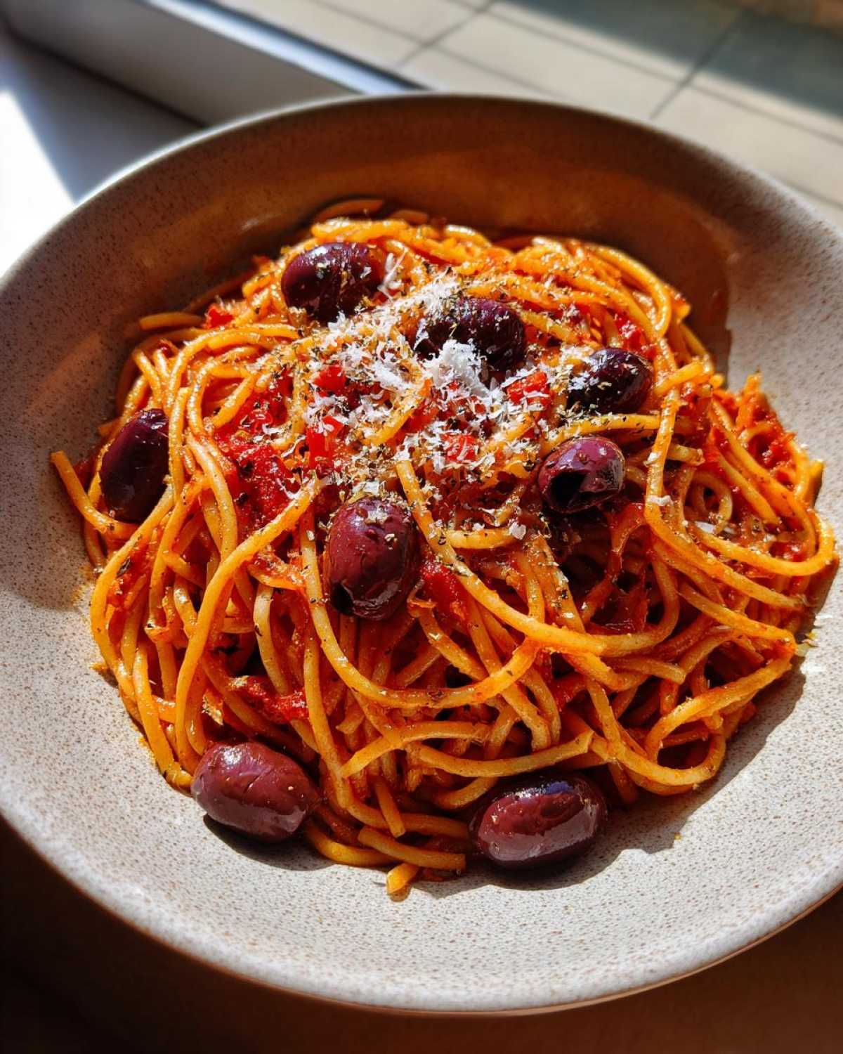 A close-up of a bowl of one pan spicy pasta, topped with Kalamata olives and grated Parmesan cheese.