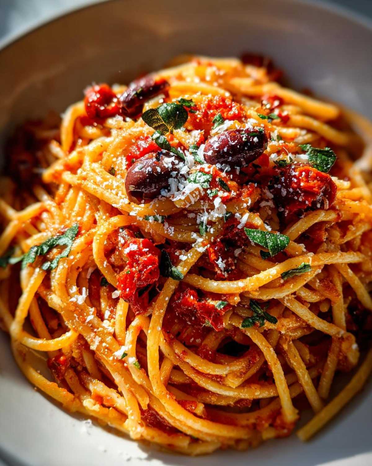 A close-up of one pan spicy pasta topped with olives, sun-dried tomatoes, parmesan cheese, and fresh herbs.