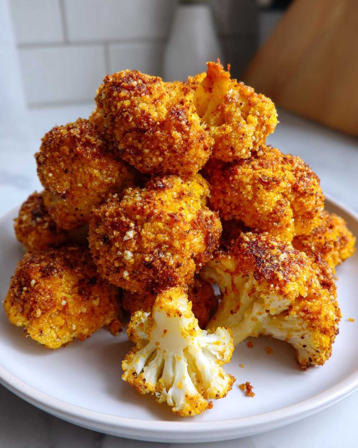 A pile of golden-brown, crispy parmesan cauliflower bites on a white plate, with one bite cut in half showing the tender inside.