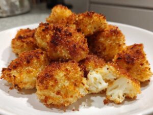 A close-up of golden-brown, crispy parmesan cauliflower bites piled on a white plate. One bite is broken open to show the tender cauliflower inside.