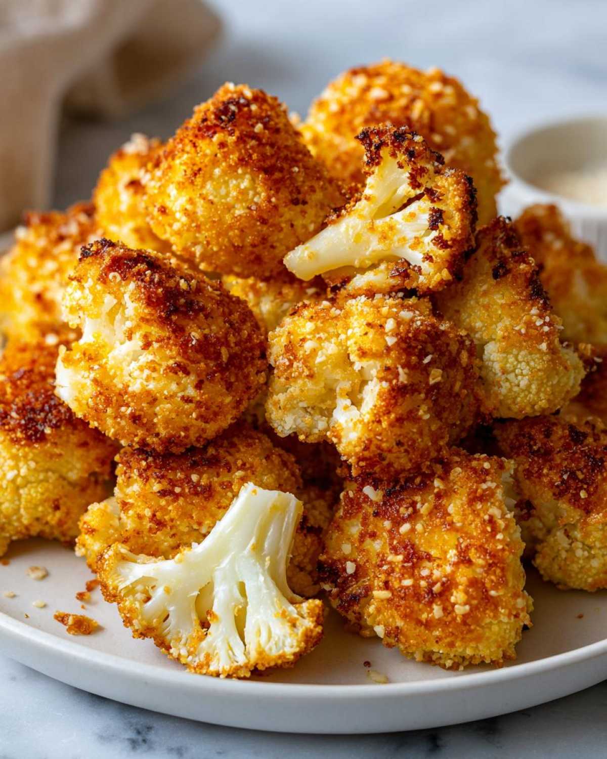 A close-up of a pile of crispy parmesan cauliflower bites on a white plate, with one bite broken in half to show the tender inside.