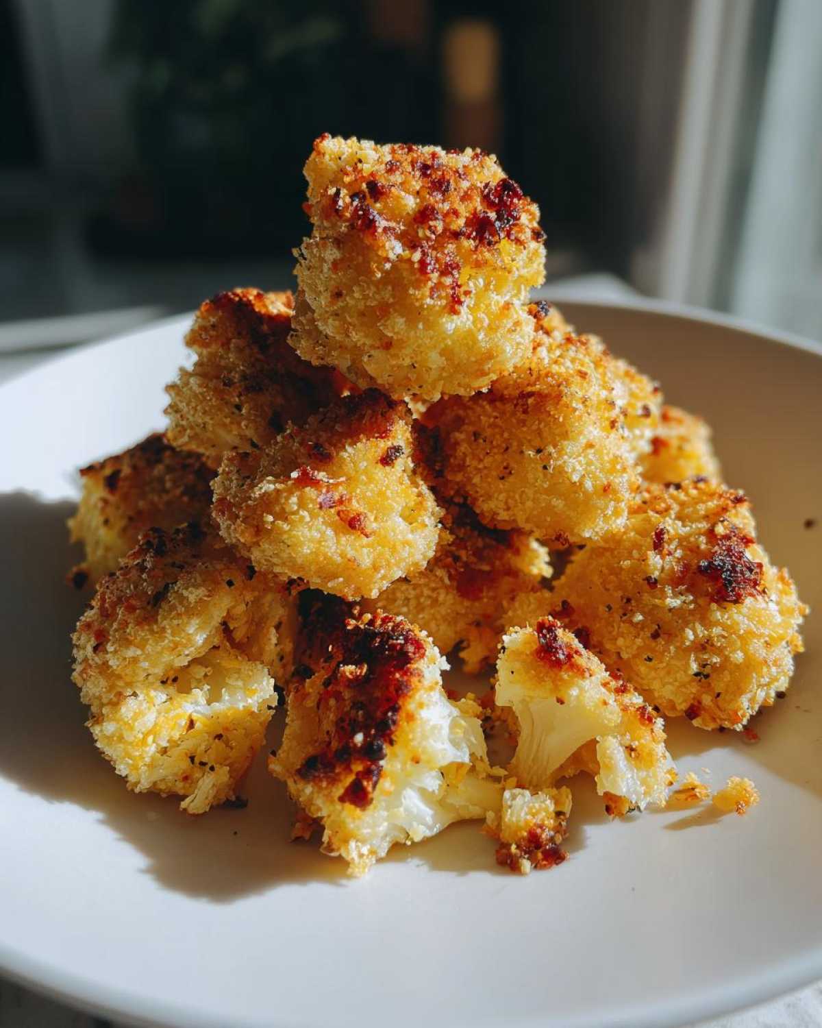 A close-up of a stack of crispy parmesan cauliflower bites on a white plate, golden brown and seasoned.