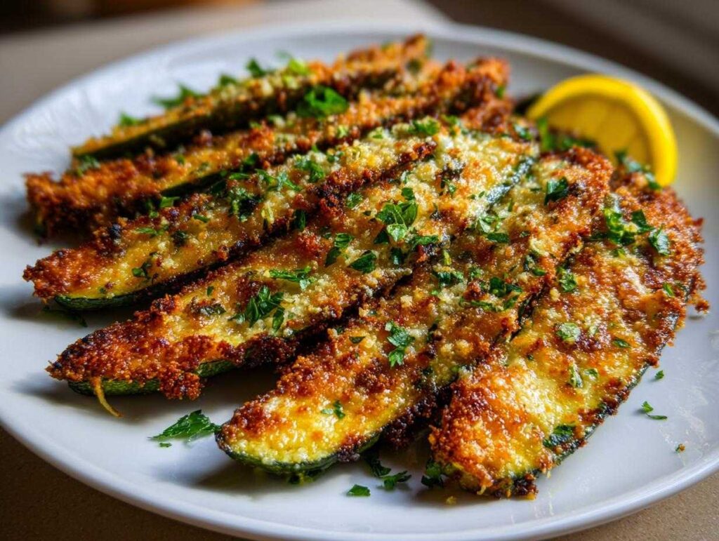 Close-up of crispy parmesan roasted zucchini slices on a white plate, garnished with parsley and a lemon wedge.