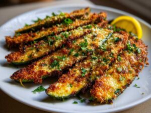 Close-up of crispy parmesan roasted zucchini slices on a white plate, garnished with parsley and a lemon wedge.