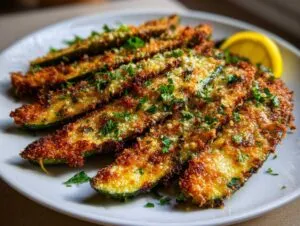 Close-up of crispy parmesan roasted zucchini slices on a white plate, garnished with parsley and a lemon wedge.