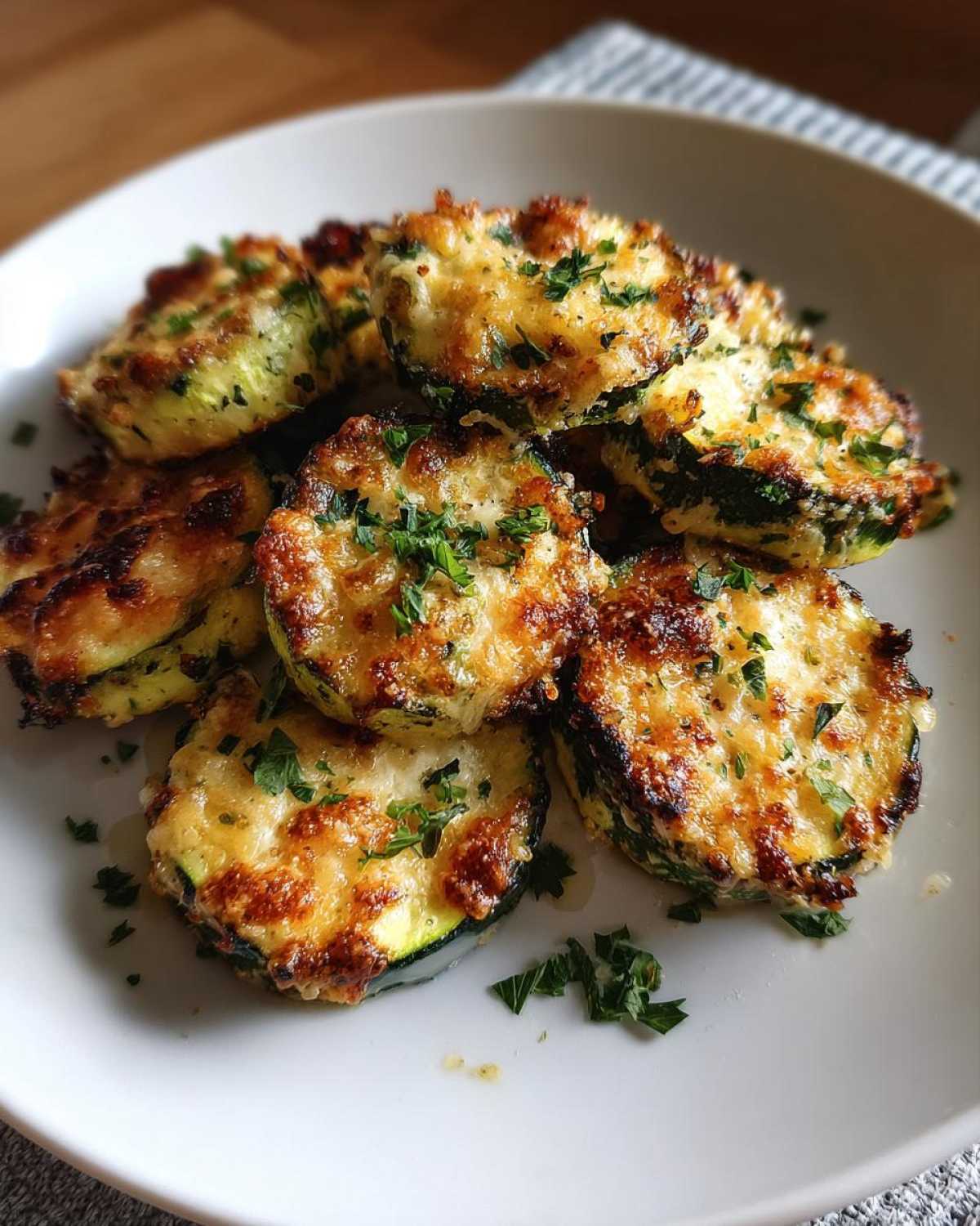 A pile of crispy parmesan roasted zucchini slices topped with fresh parsley on a white plate.