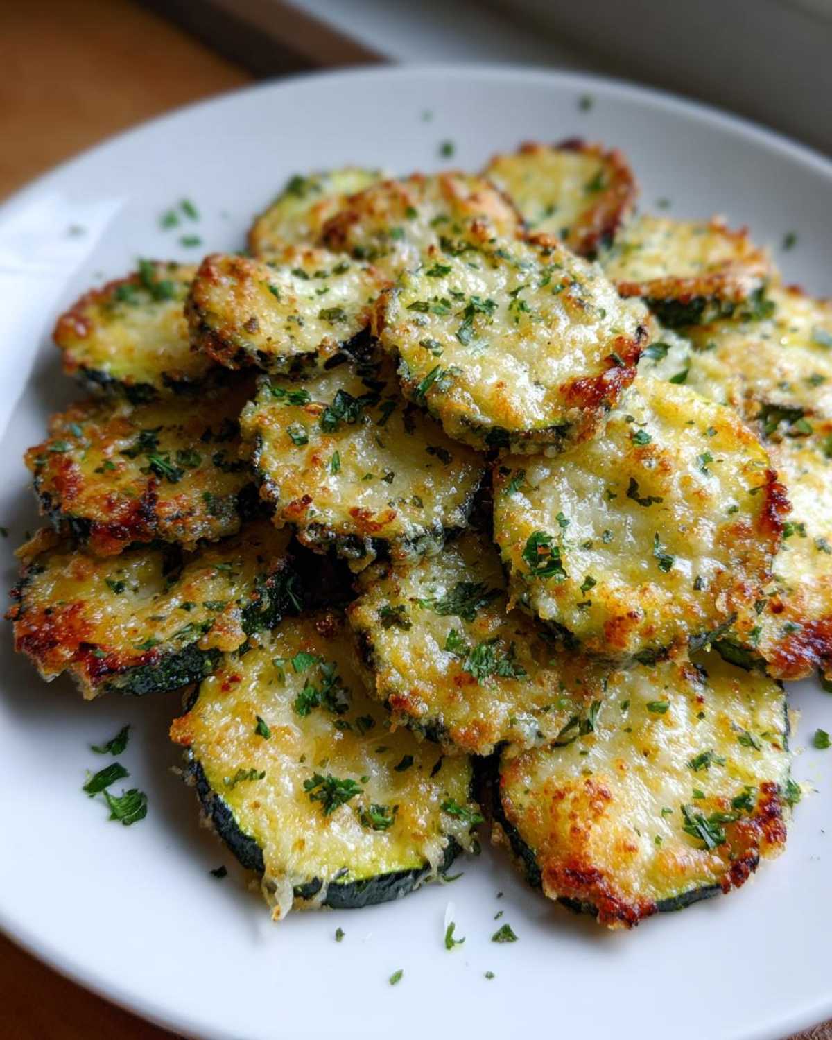 A pile of crispy parmesan roasted zucchini slices sprinkled with fresh parsley on a white plate.