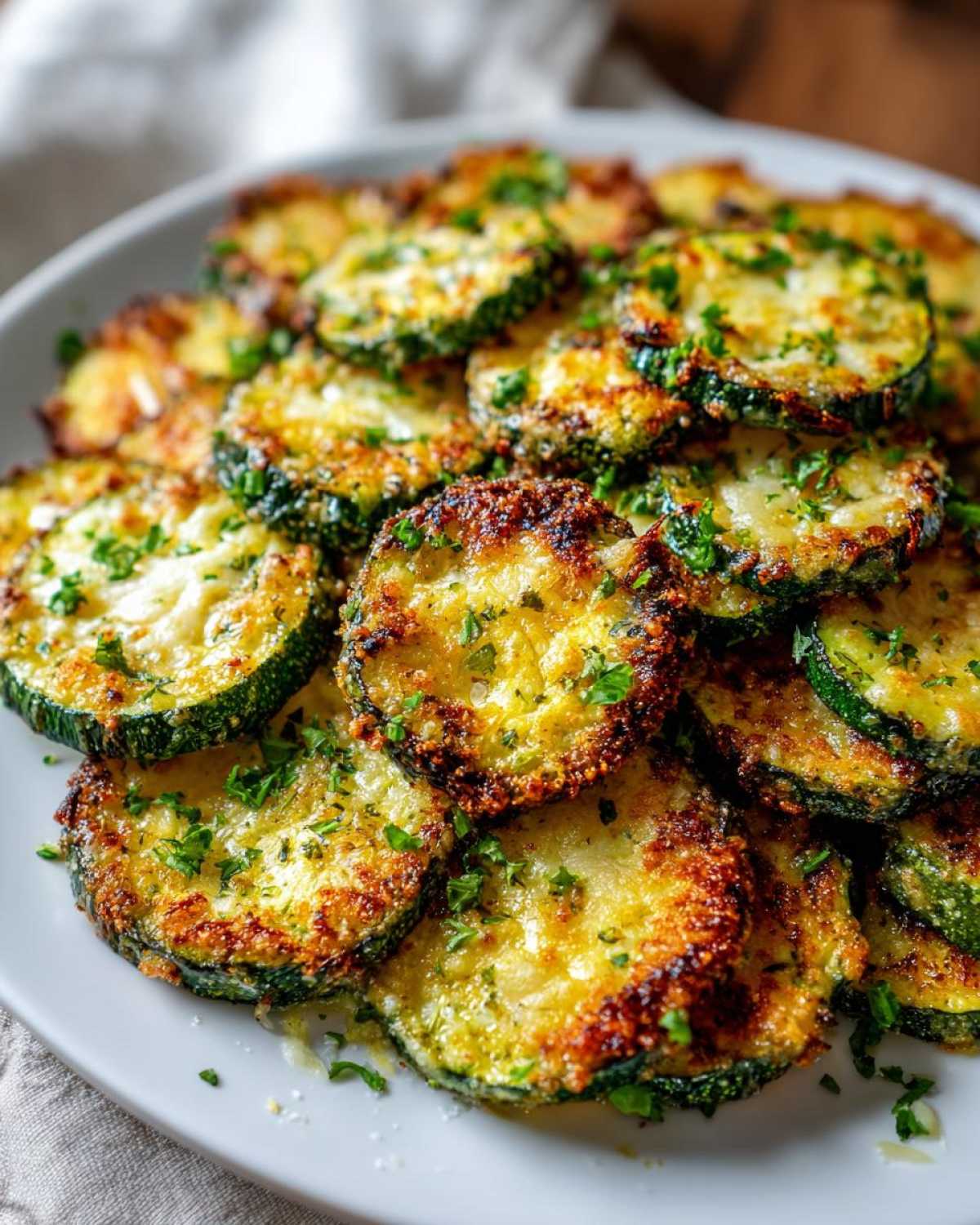 Close-up of crispy parmesan roasted zucchini slices, garnished with fresh parsley.