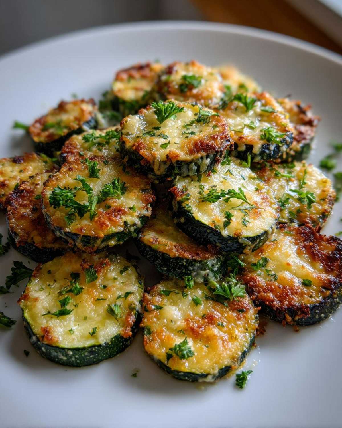 Close-up of crispy parmesan roasted zucchini slices topped with fresh parsley on a white plate.