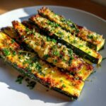 Close-up of crispy parmesan roasted zucchini sticks, sprinkled with fresh parsley.