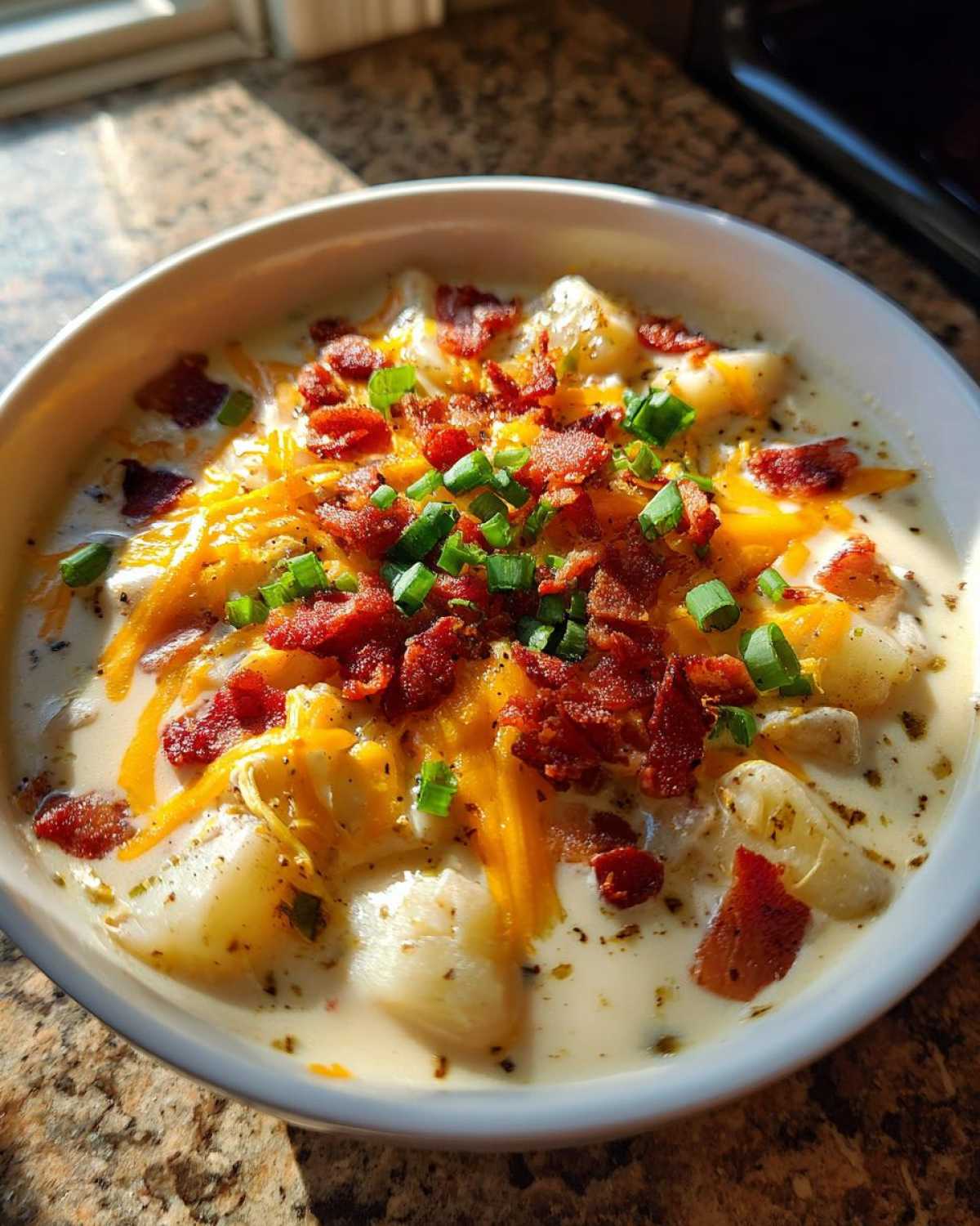 A bowl of creamy Paula Deen crockpot potato soup topped with shredded cheddar cheese, crispy bacon bits, and chopped green onions.
