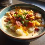 A close-up of a bowl of creamy Paula Deen crockpot potato soup topped with crispy bacon, shredded cheese, and green onions.