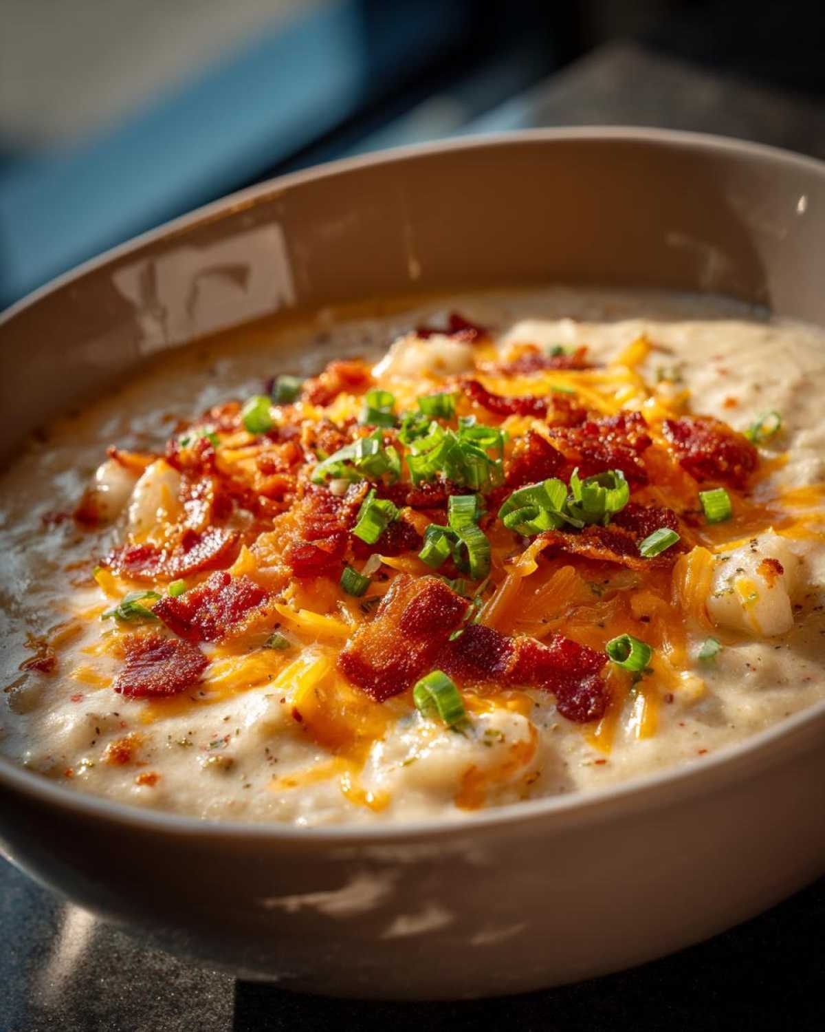Close-up of creamy Paula Deen crockpot potato soup topped with crispy bacon, shredded cheddar cheese, and chopped green onions.