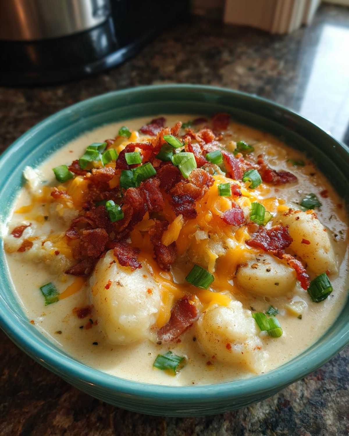 A close-up of a bowl of creamy Paula Deen crockpot potato soup topped with shredded cheddar cheese, crispy bacon, and chopped green onions.