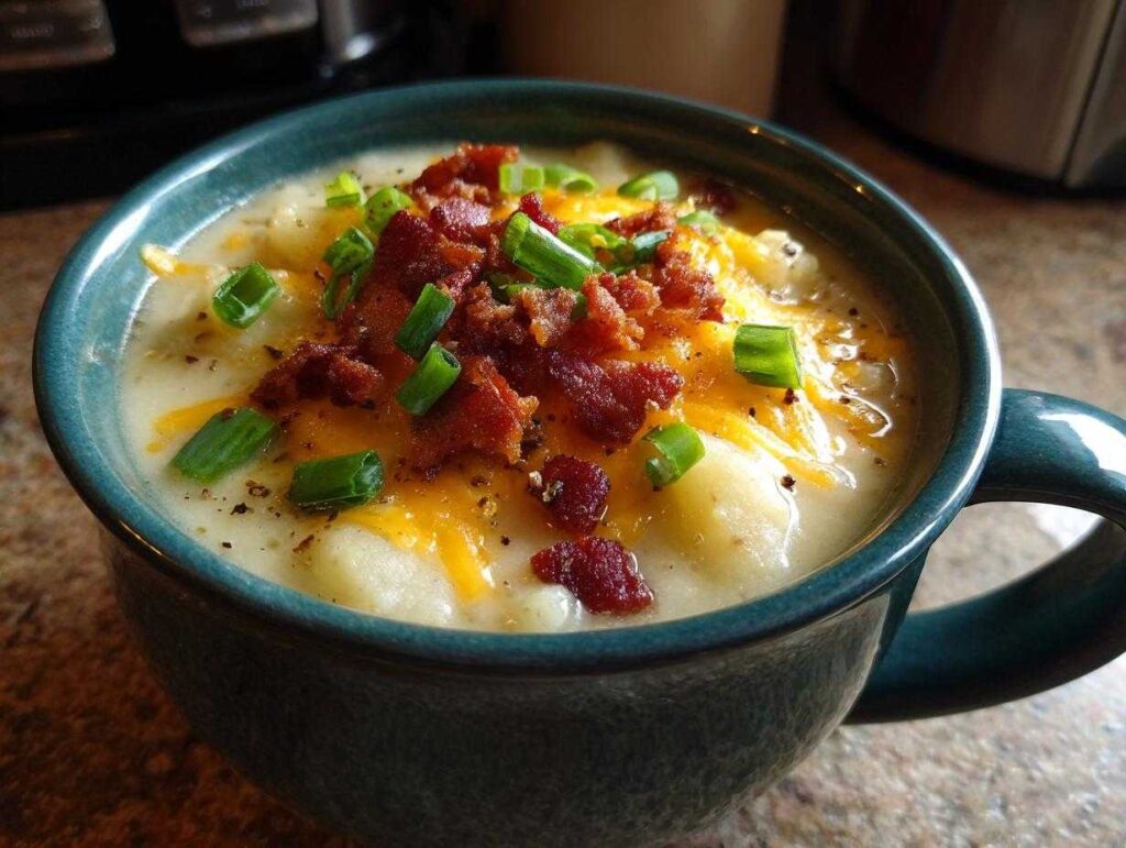 A close-up of a bowl of creamy Paula Deen crockpot potato soup topped with shredded cheddar cheese, crumbled bacon, and chopped green onions.