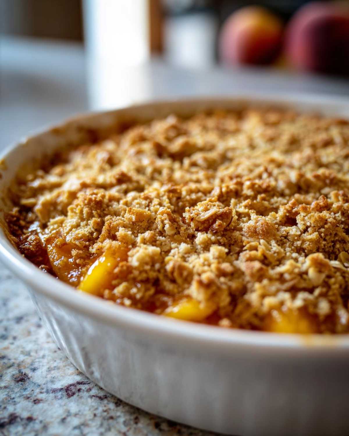 Close-up of a freshly baked peach crumble in a white baking dish, showing juicy peaches and a golden-brown crumble topping.