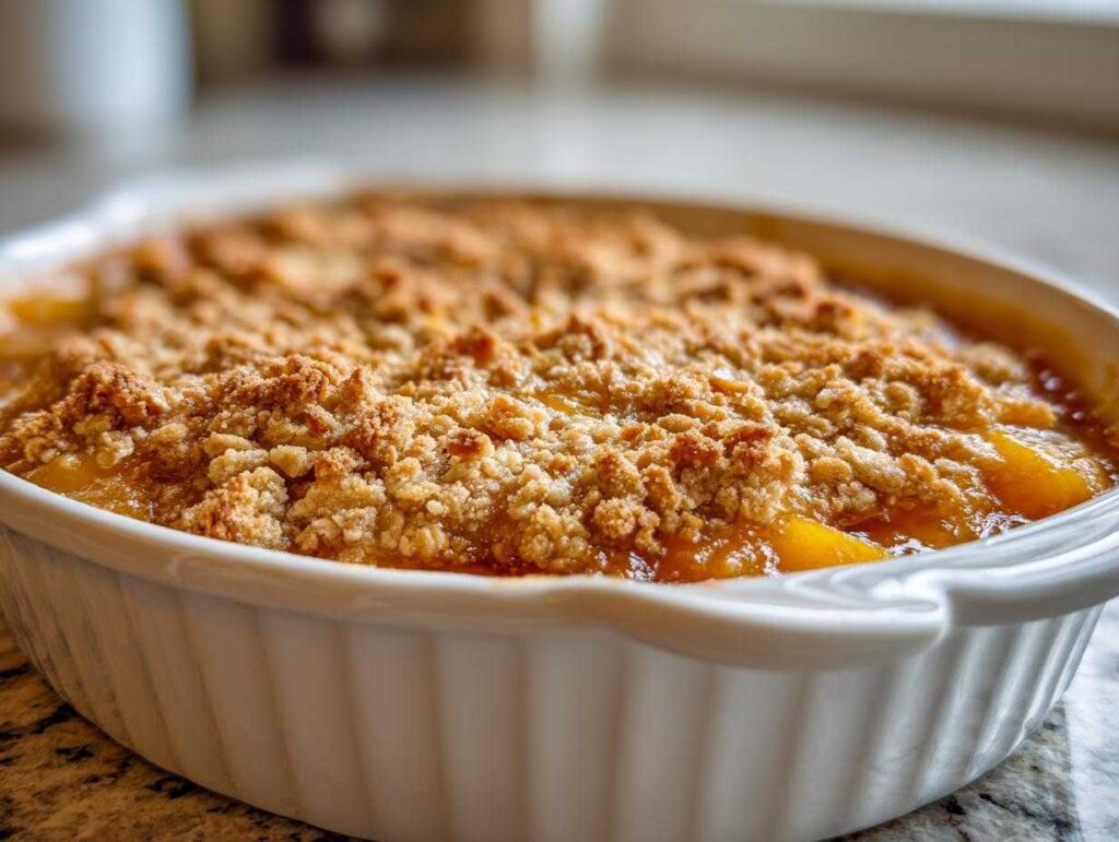 Close-up of a golden brown, bubbling peach crumble in a white baking dish.
