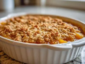 Close-up of a golden brown, bubbling peach crumble in a white baking dish.
