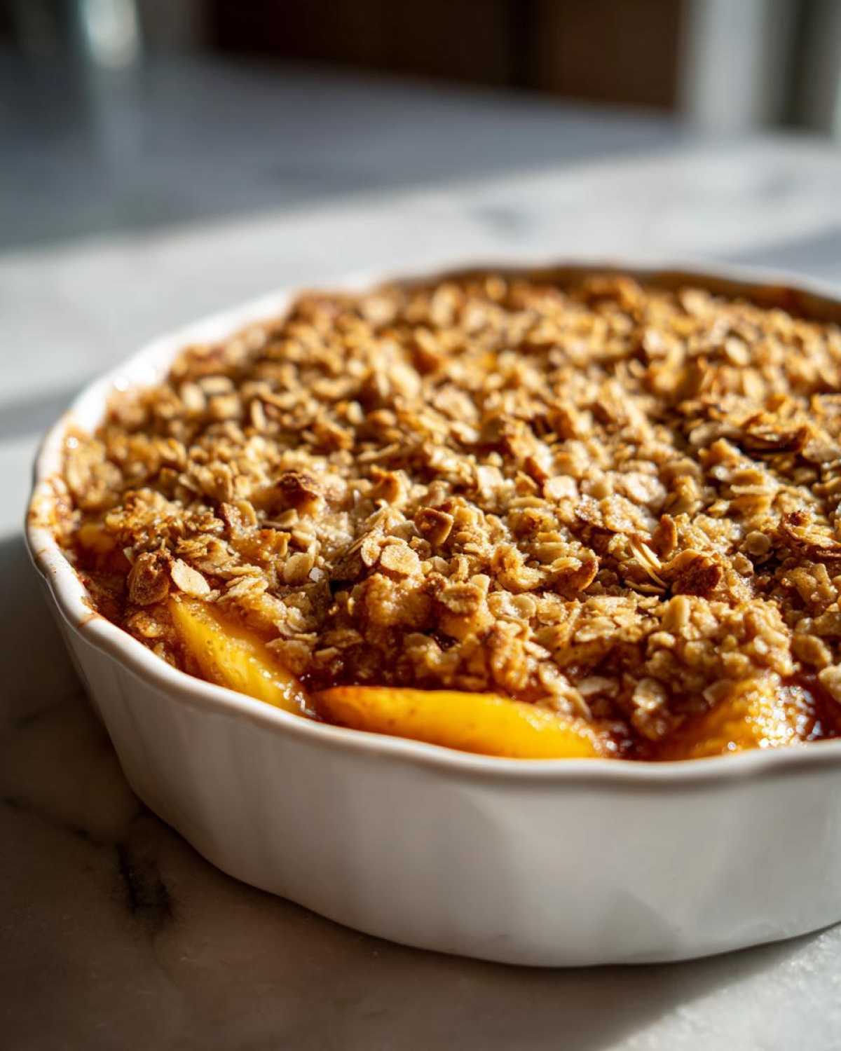 Close-up of a freshly baked peach crumble in a white baking dish, showcasing juicy peaches and a golden-brown oat topping.