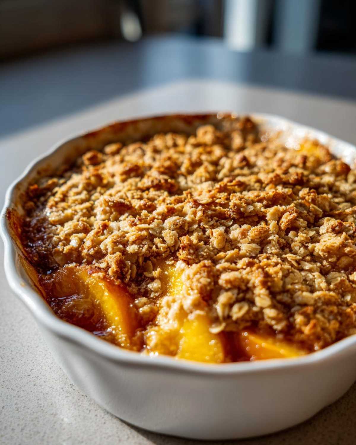 Close-up of a golden-brown peach crumble in a white baking dish, showing juicy peaches and a crunchy oat topping.