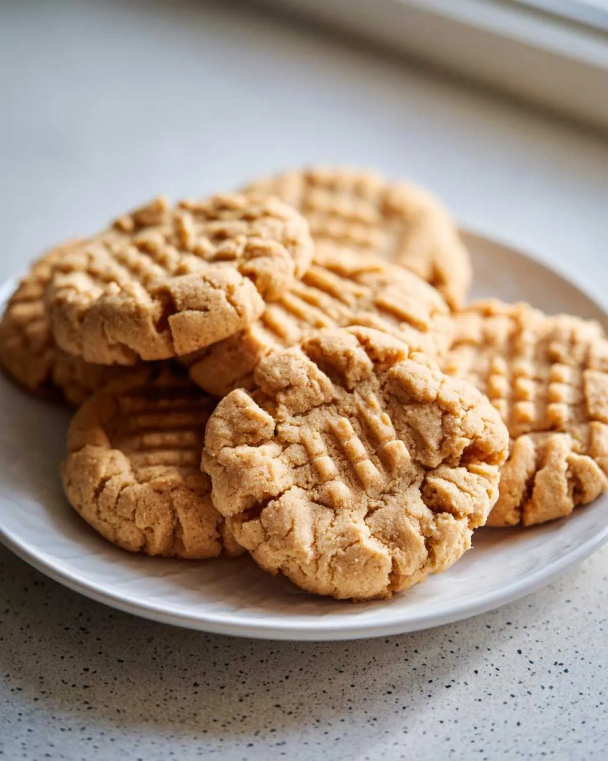 A close-up of several classic peanut butter cookies with criss-cross fork marks on a white plate.