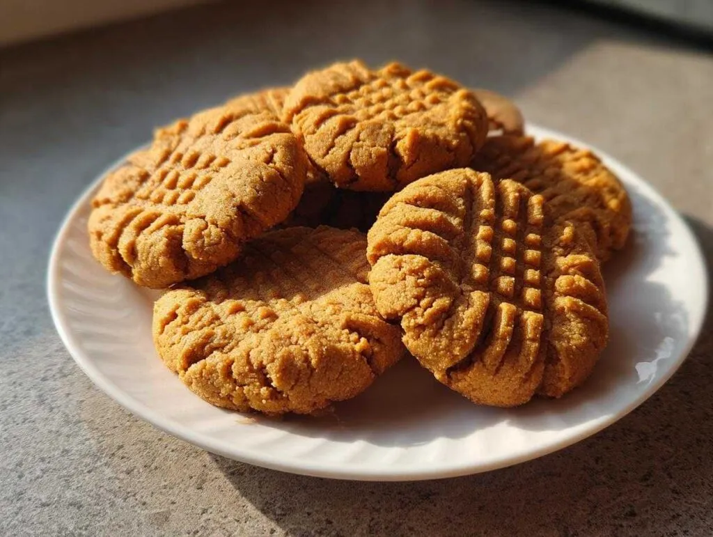 A close-up of several classic peanut butter cookies with criss-cross fork marks on a white plate.