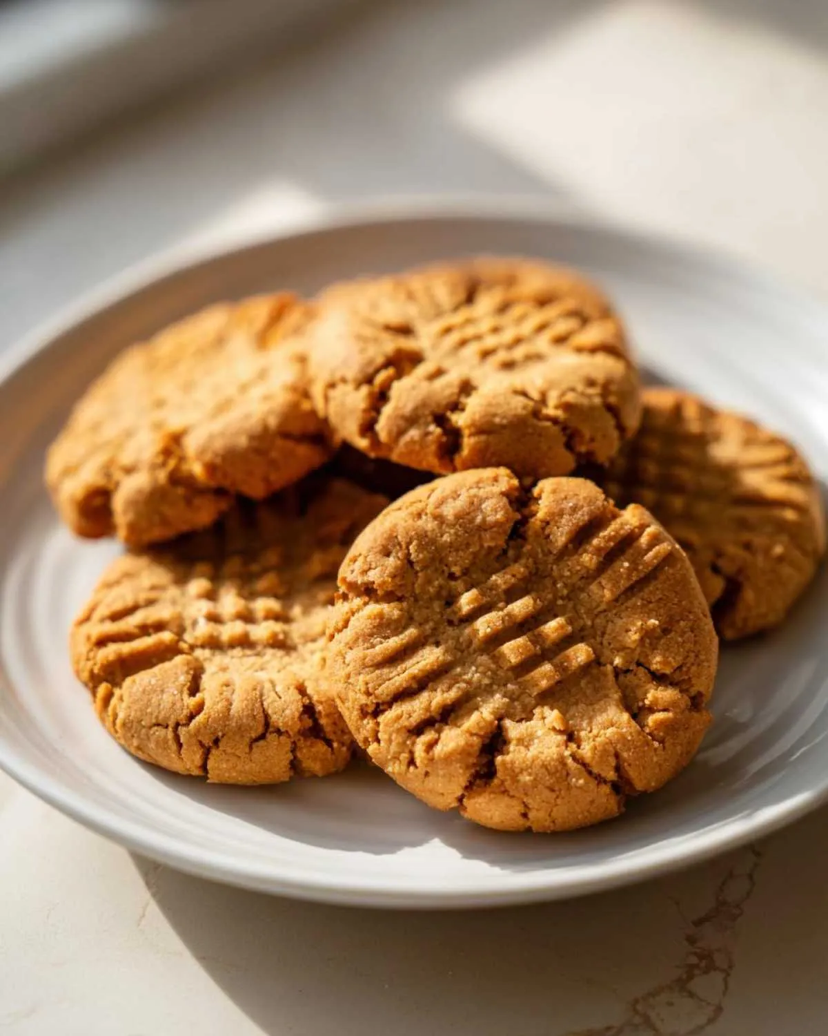 A plate of freshly baked peanut butter cookies with classic fork marks, ready to melt in your mouth.