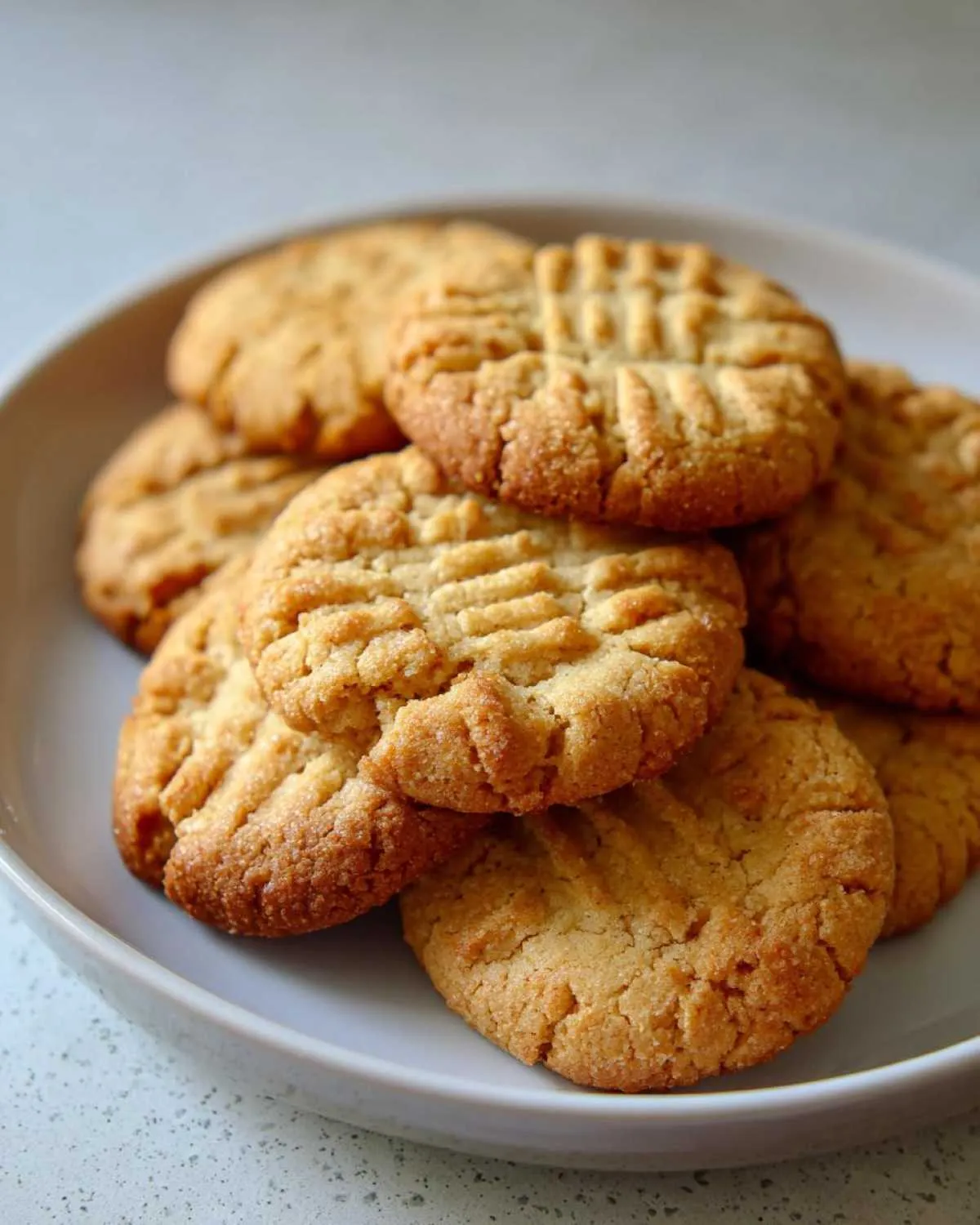 A close-up of several golden-brown peanut butter cookies stacked on a white plate, featuring the classic criss-cross fork marks.