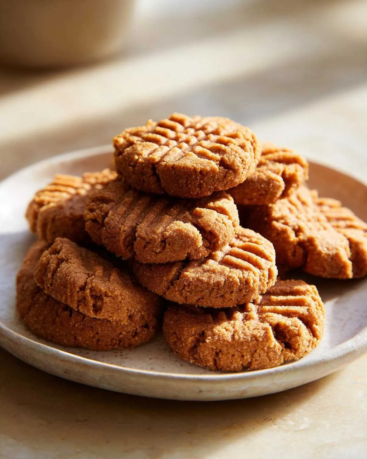 A close-up shot of a stack of delicious peanut butter cookies, featuring the classic fork-pressed pattern.