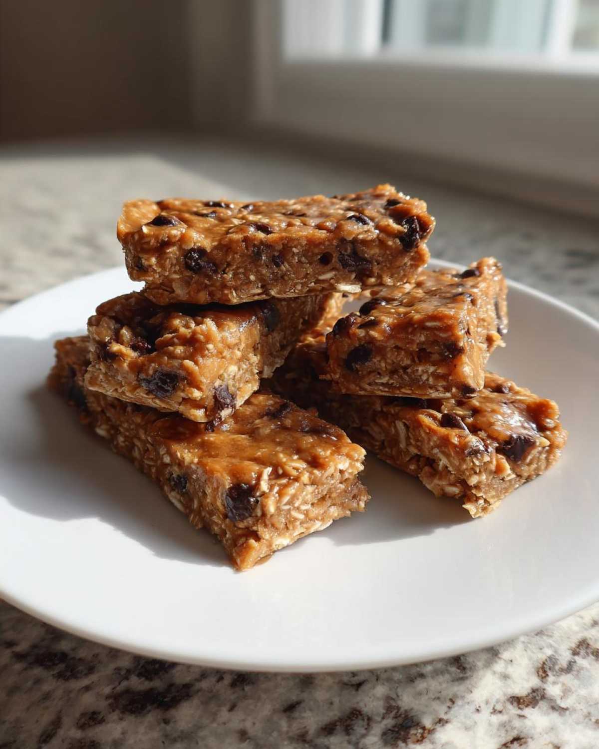 A stack of no-bake peanut butter protein bars with chocolate chips on a white plate.