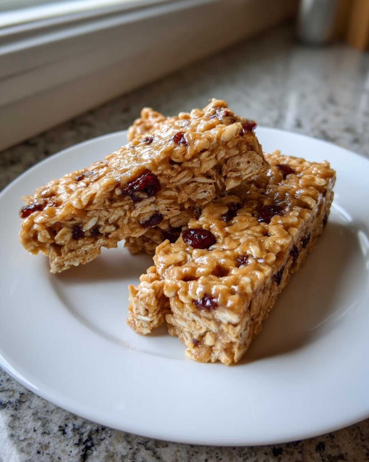 Close-up of two no-bake peanut butter protein bars with visible oats and dried cranberries on a white plate.