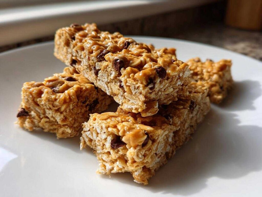A stack of homemade peanut butter protein bars with chocolate chips and oats.