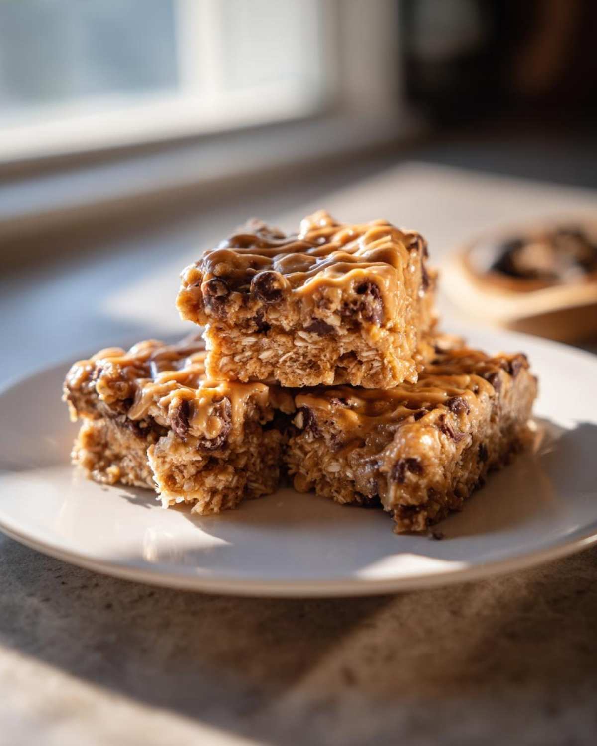 Close-up of stacked peanut butter protein bars with chocolate chips and a drizzle of peanut butter.