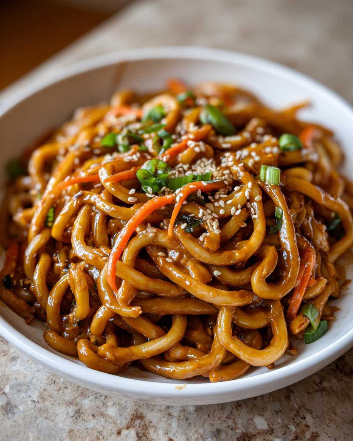Close-up of a bowl of savory peanut butter udon noodles, topped with shredded carrots, green onions, and sesame seeds.