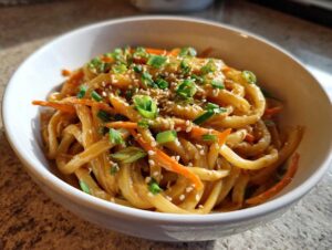A close-up of a white bowl filled with creamy peanut butter udon noodles, topped with shredded carrots, green onions, and sesame seeds.