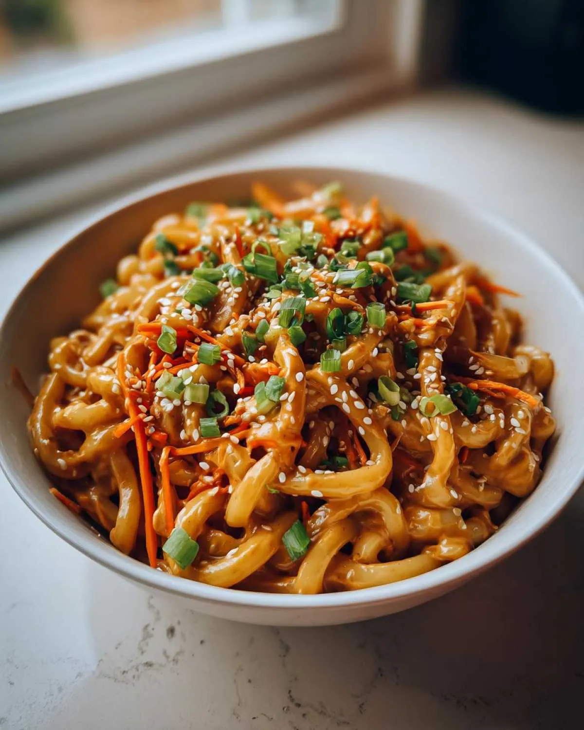 A close-up of a bowl filled with creamy peanut butter udon noodles, topped with shredded carrots, sesame seeds, and chopped green onions.