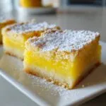 Close-up of three perfect lemon bars dusted with powdered sugar on a white plate.