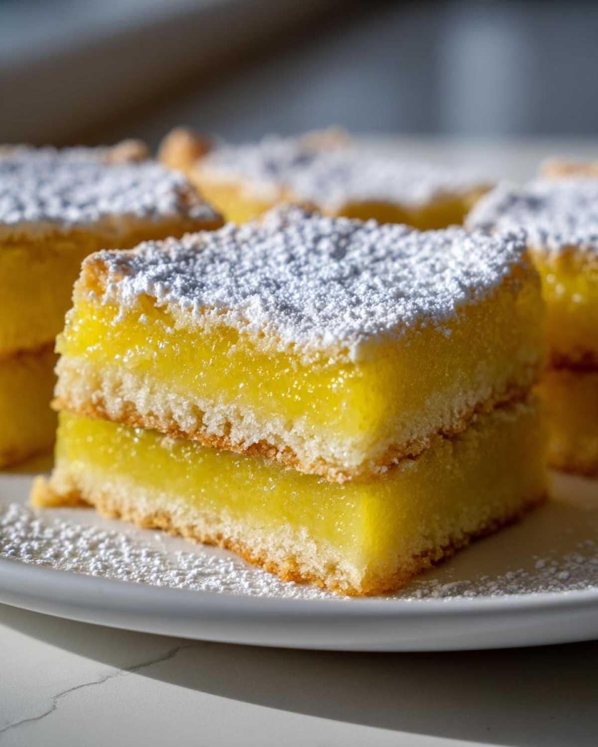 Close-up of two perfect lemon bars stacked on a white plate, dusted with powdered sugar.