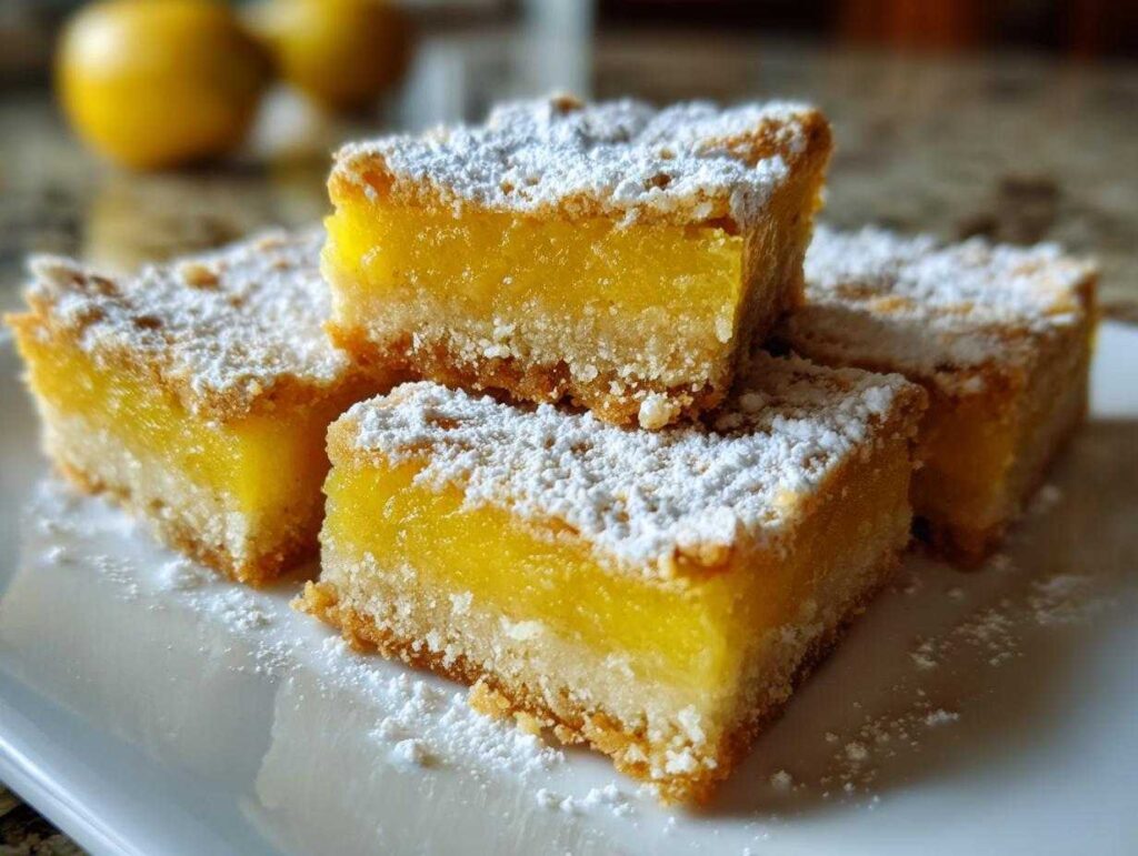A stack of four perfect lemon bars, dusted with powdered sugar, on a white plate.