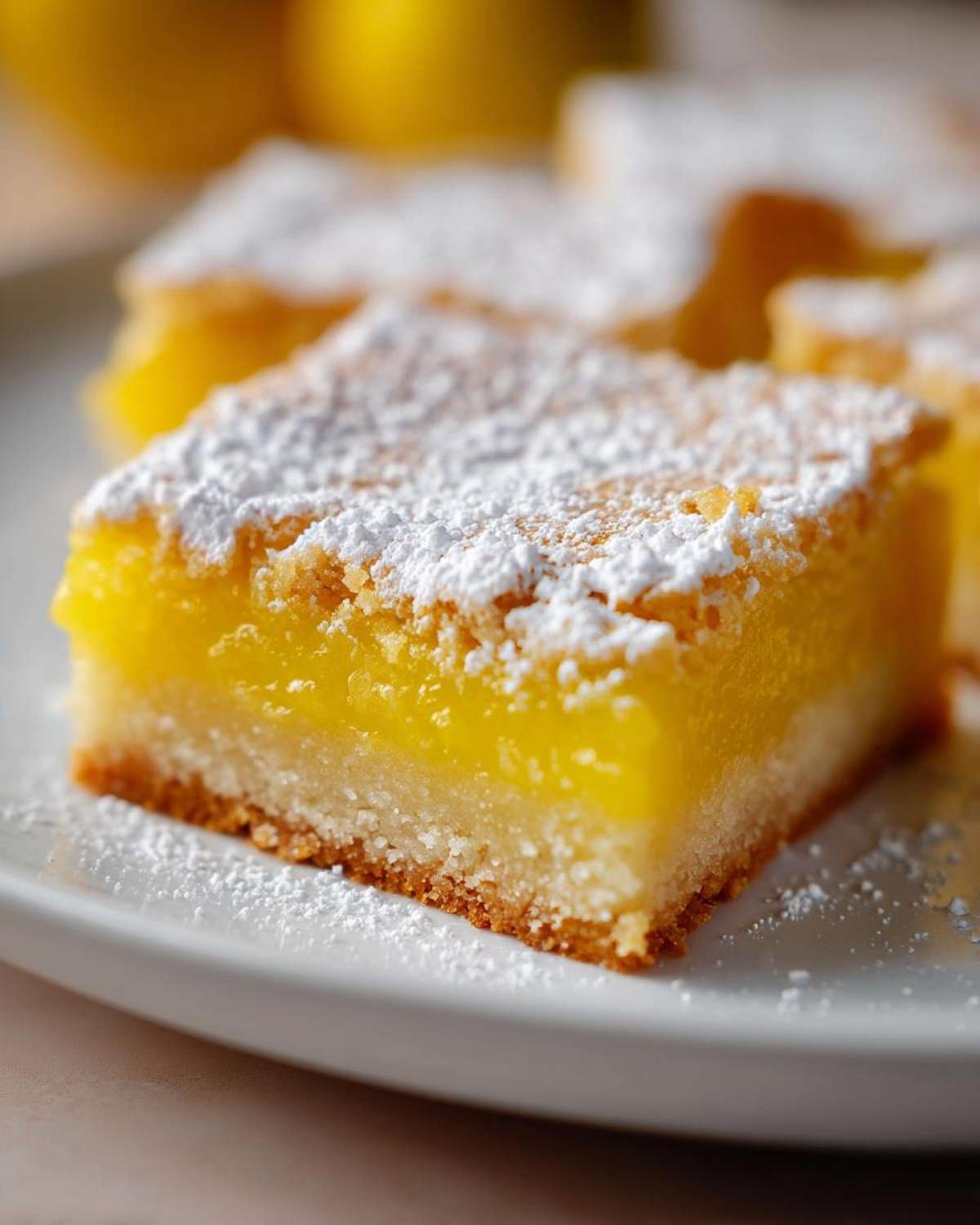 A close-up shot of a perfect lemon bar, dusted with powdered sugar, on a white plate.