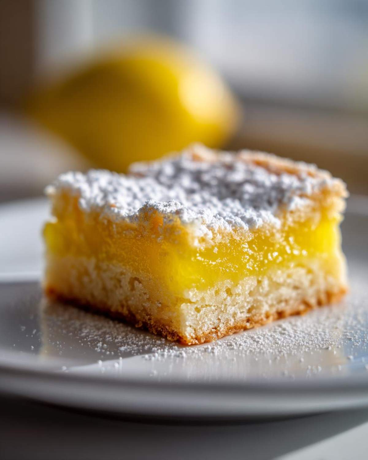 A close-up of a perfect lemon bar dusted with powdered sugar on a white plate.