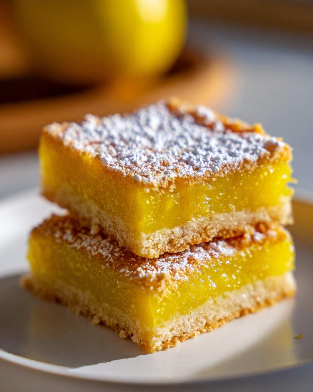 Two perfect lemon bars stacked on a white plate, dusted with powdered sugar.