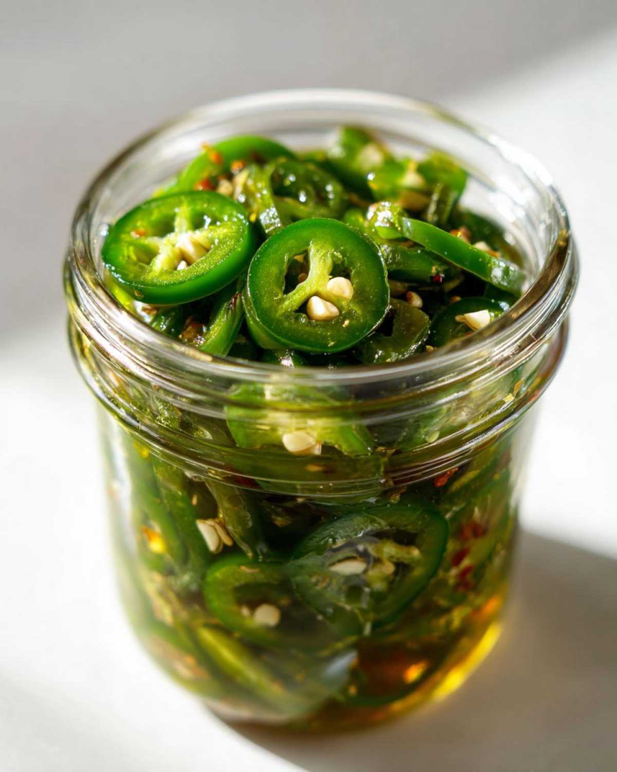 Close-up of a glass jar filled with bright green, sliced pickled jalapeños and spices.