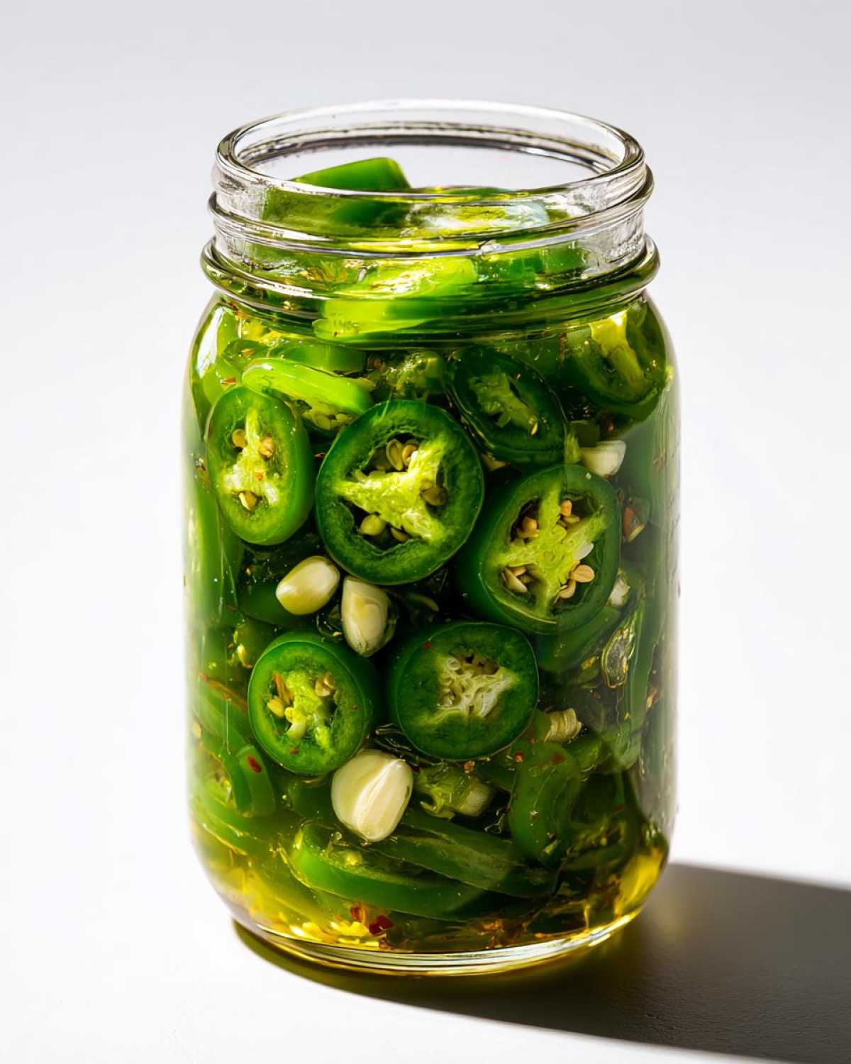 Close-up of a glass jar filled with bright green pickled jalapeños and garlic cloves.