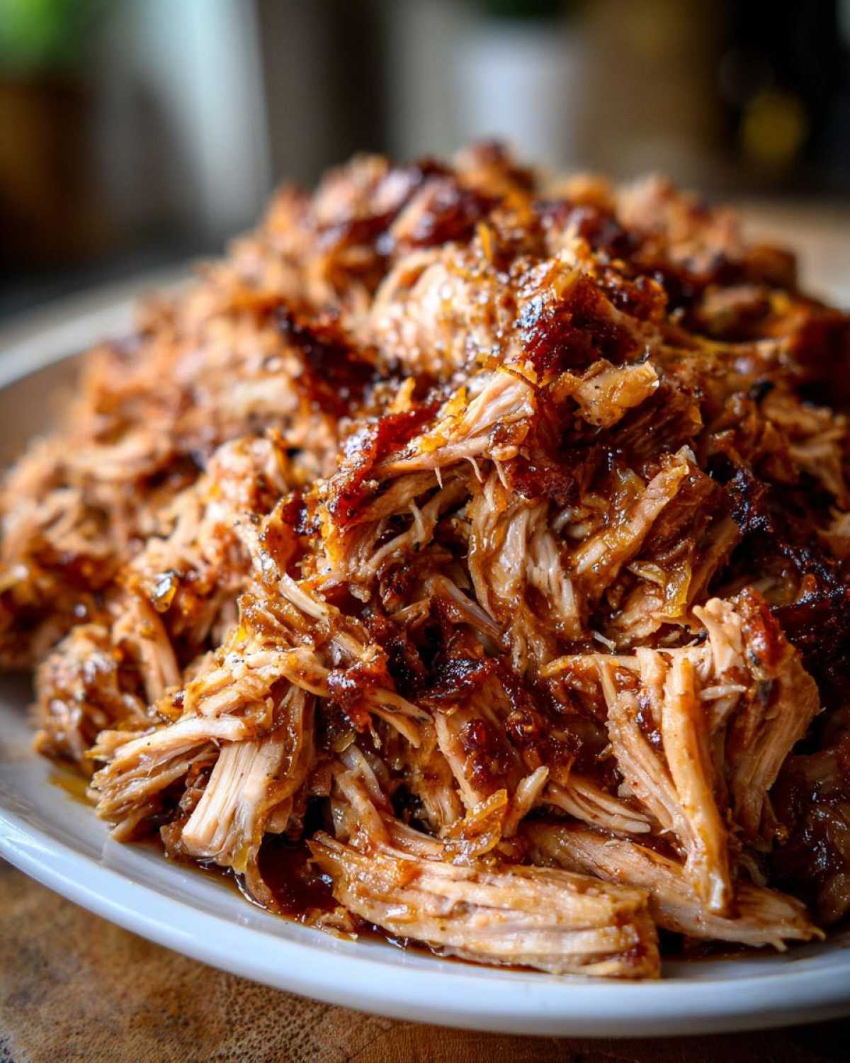 A close-up of a plate piled high with juicy Pioneer Woman slow cooker pulled pork, glistening with sauce.