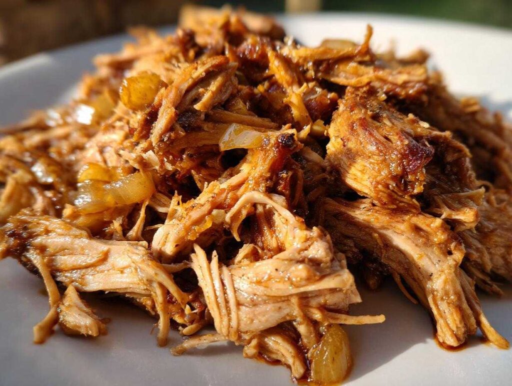 Close-up of tender, shredded Pioneer Woman slow cooker pulled pork with onions on a white plate.