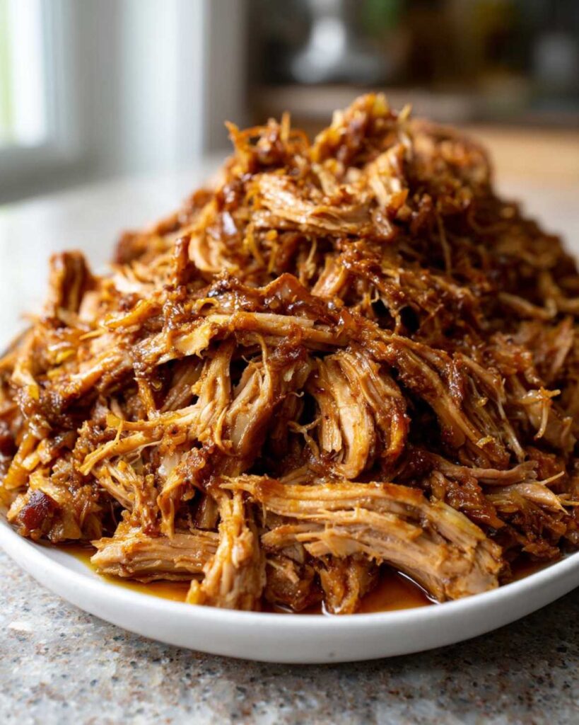 Close-up of a pile of tender, shredded Pioneer Woman slow cooker pulled pork on a white plate.