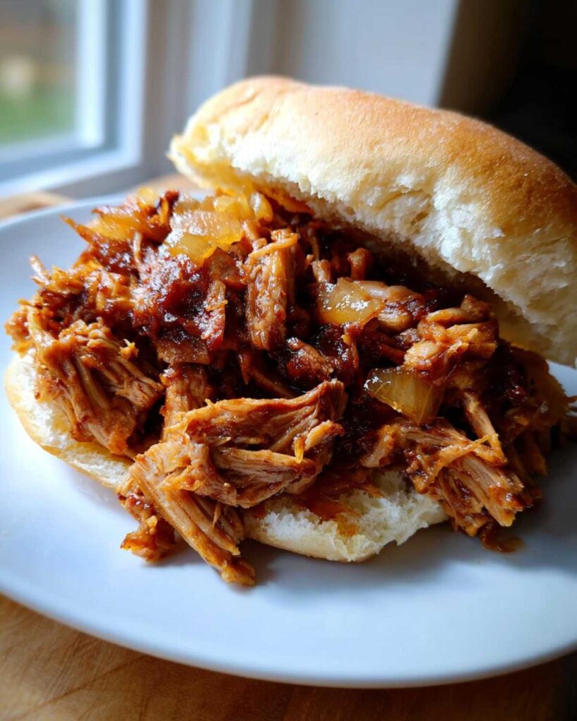 A close-up of a delicious pulled pork sandwich made with Pioneer Woman slow cooker pulled pork and onions on a bun.