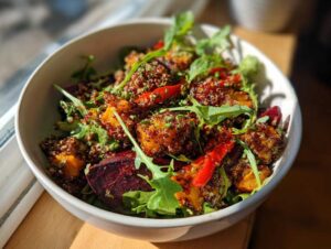 A vibrant plant powered greens salad bowl featuring quinoa, roasted sweet potato, beets, and red peppers.